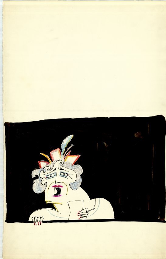 Saul Steinberg Drawing by Saul Steinberg of a person's head and shoulders with mouth open against a black background.