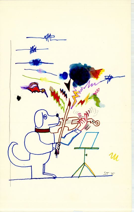 Saul Steinberg Drawing and painting by Saul Steinberg of a dog playing the violin with an array of colorful lines and bursts errupting from the violin.