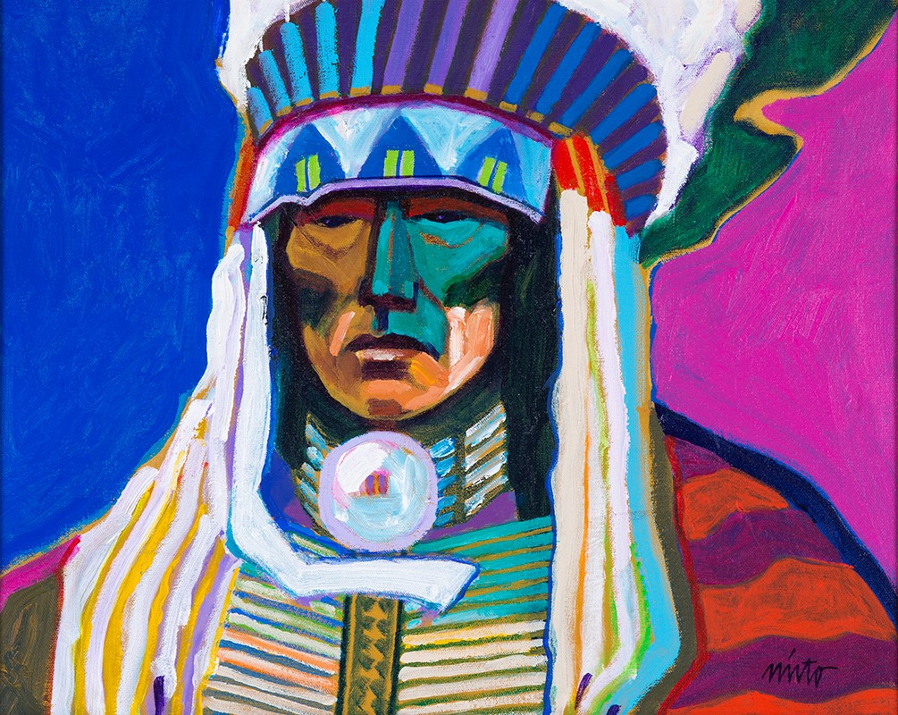 An ArtFull Decade A brightly colored painting of a man's face wearing a feather headress by John Nieto.
