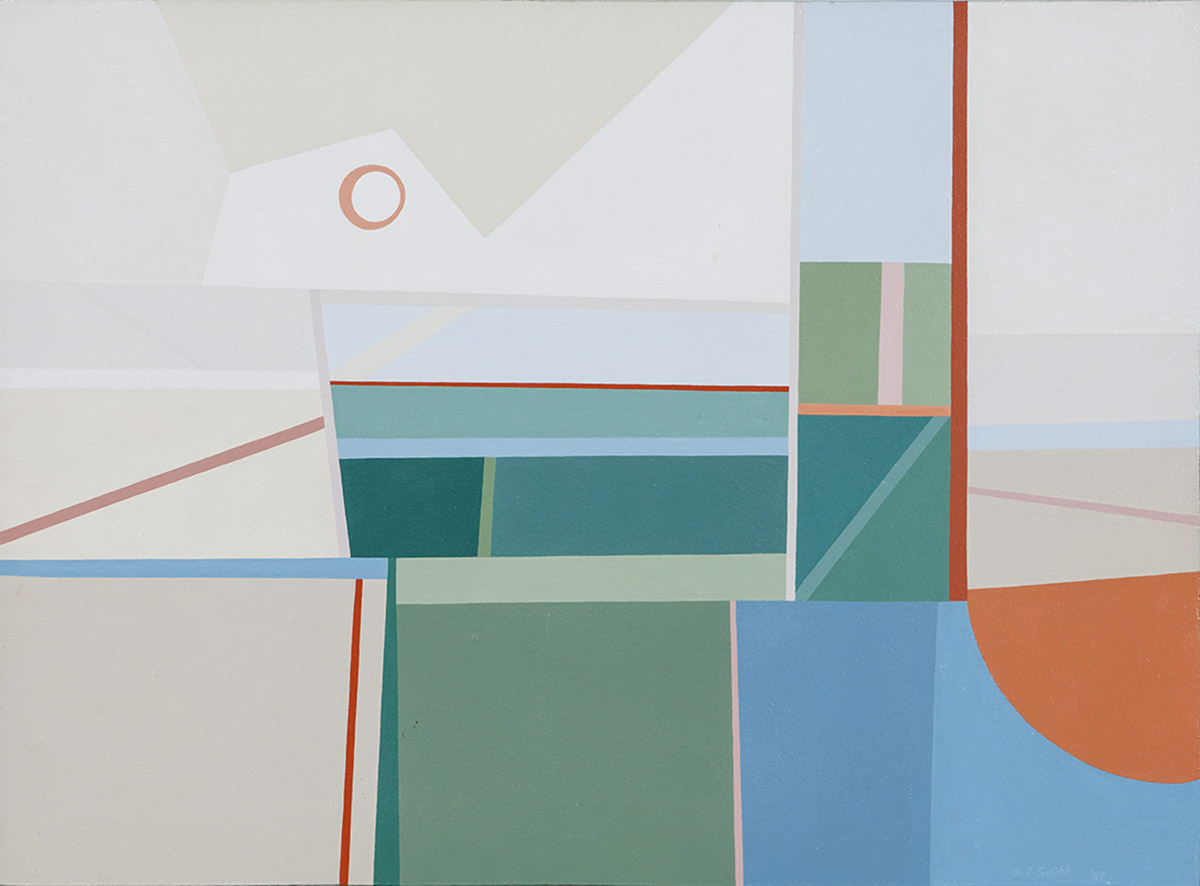 An ArtFull Decade Geometric shapes in muted colors form a landscape image in B.J. Smith's "Fenced Landscape with Eclipse".